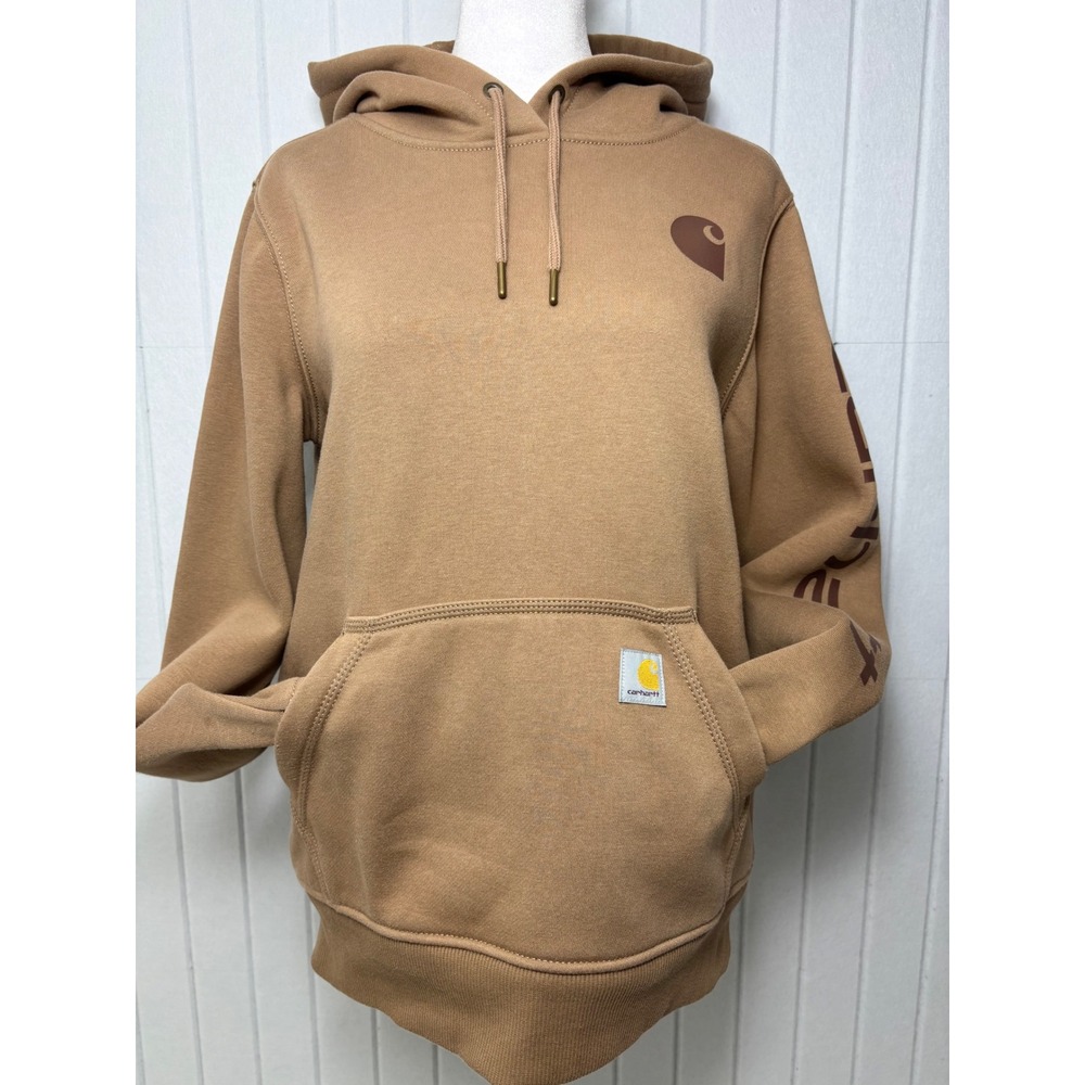 Carhartt Womens XS Relaxed Fit Logo Graphic Hoodie Tan Brown TS0288-W Sweatshirt